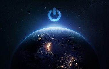 Earth Hour theme. Earth planet in outer space. Power button of electricity. Elements of this image...