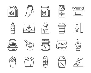 Take away food and drink thin line icon set. Fast food package. Delivery service vector collection. Editable stroke. - 419492141