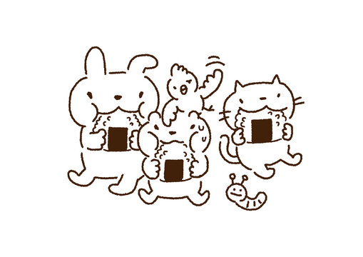 仲良くおにぎりを食べる動物たちの白黒イラスト Monochrome Illustrations Of Animals Eating Rice Balls With Friends Stock Vector Adobe Stock