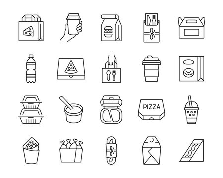 Take away food and drink thin line icon set. Fast food package. Delivery service vector collection. Editable stroke.