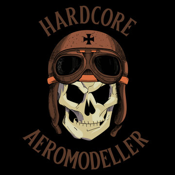 design for t-shirts with a skull wearing a war pilot's cap. vector illustration for aeromodelling.