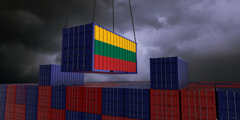 A freight container with the lithuanian flag hangs in front of many blue and red stacked freight containers - concept trade - import and export - 3d illustration