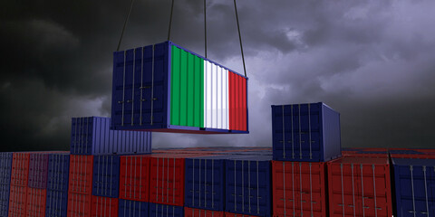A freight container with the italian flag hangs in front of many blue and red stacked freight containers - concept trade - import and export - 3d illustration