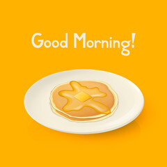 Vector 3d Realistic White Porcelain, Ceramic Plate, Pancakes, Honey, Butter Closeup. Design Template for Mockup. Stock Vector Illustration. Breakfast Concept. Front, Top, Side View