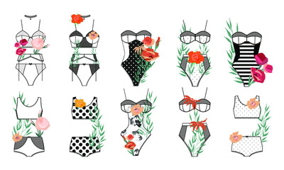 A set of beautiful and sexy lingerie for women. Bra, panties, bodysuit, belt, in flowers. Woman underwear with leaves and flowers. Retro set.