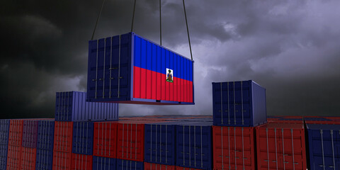 A freight container with the haitian flag hangs in front of many blue and red stacked freight containers - concept trade - import and export - 3d illustration