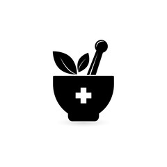 Healing herbs in a mortar with pestle icon. Pharmacy sign design.Vector illustration.