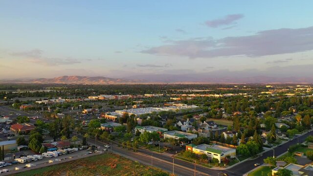 Aerial Crane Shot of Suburban Fresno Valley Landscape