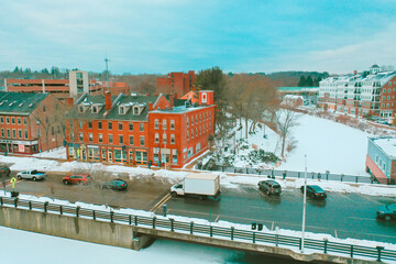 Aerial Drone Photography Of Downtown Dover, NH (New Hampshire) Skyline During The Winter Snow Season