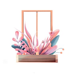 Illustration of a flowered window. Beautiful balcony with flowers and plants