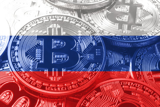 Russia bitcoin flag, national flag cryptocurrency concept