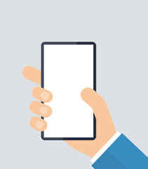 Hand holding tablet flat vector illustration with empty toch screen template. Man hold smarthone