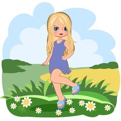 Obraz na płótnie Canvas Little girl. Vector isolated illustration. Beautiful fashionable child. Surrounded by meadow. Flat cartoon style
