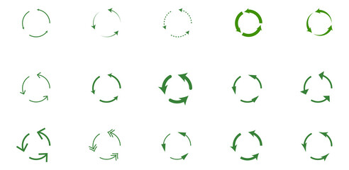 Recycling vector icons bio reuse package label templates. Green eco recycle arrow in green circle. Green circle arrow, reuse bio recycle sign. Recycling, Recyclable plastic free package icon template