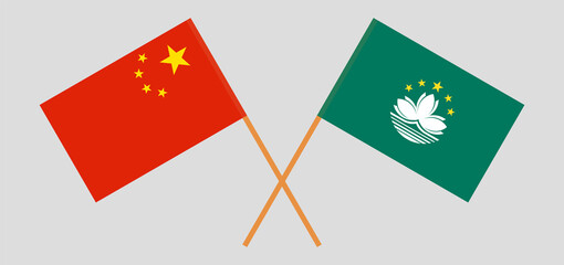 Crossed flags of China and Macau. Official colors. Correct proportion