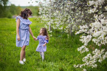 Naklejka na ściany i meble happy mom and daughter in the spring blooming garden playing together
