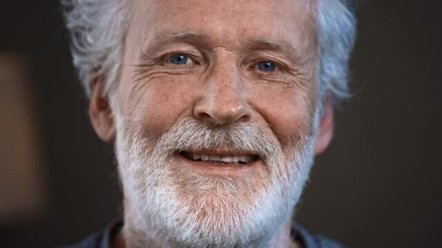 Portrait of a senior old man with gray hair looking at the camera. Happy elderly man smiling. Gray beard and home clothes. Grandpa is happy to live, a healthy lifestyle. Close-up