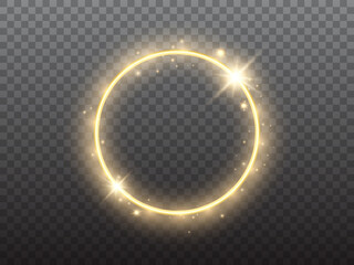 Gold circle on transparent backdrop. Glowing ring with yellow backlight. Round golden frame with bright glitter. Luxury element for advertising. Vector illustration