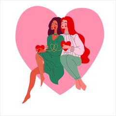 Two girls are hugging. Lgbt love. Valentine's card. Valentine's Day. Love by destiny. Thread of fate. Vector illustration