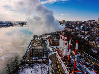 Industrial area in Rostov-on-Don, aerial view from drone in winter day