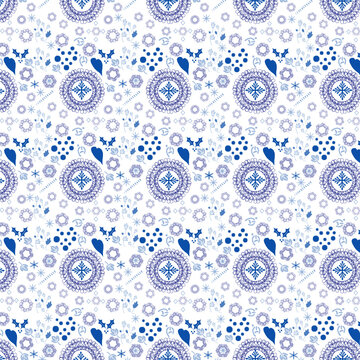 Ikat geometric folklore ornament. Seamless pattern.Traditional asian ikat print.Aztec style.Indian rug in white and blue colors.