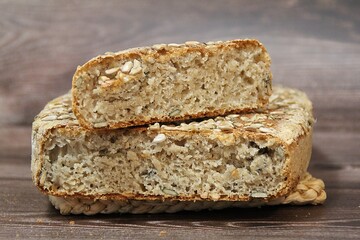 homemade bread with grains, bread baked in a mold, sunflower seeds and pumpkin seeds, fresh bread