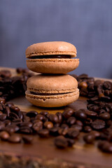 Tower of macaroons and coffee beans around it
