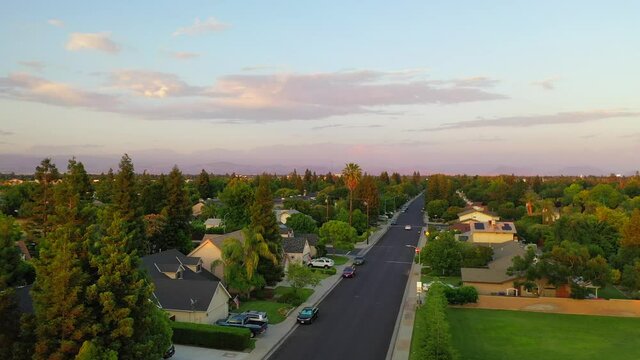 Aerial Street View of a Suburban Street in Fresno Valley California