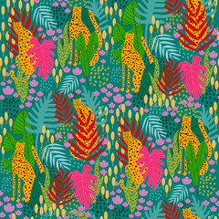 Web. Vector bright colorful jungle pattern. Sleepy cheetahs