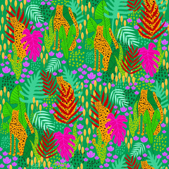 Vector bright colorful jungle pattern. Sleepy cheetahs