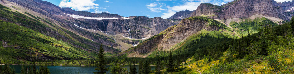 panoramic shot of the Bullhead lake in Glacier national Park during summer.