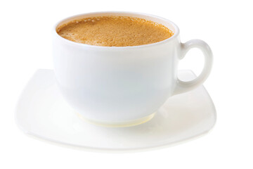 Close up view of brewed cup coffee isolated on white background. Food and drinks concept.