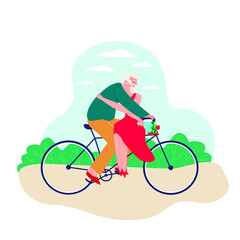 A romantic bike ride. Grandpa is taking grandma on a bike in the park. Active old people. Vector flat illustration on white background
