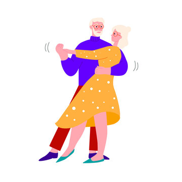 An elderly couple is dancing a waltz. Active old people. Grandfather and grandmother are dancing. Vector flat illustration on a white background.