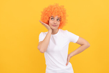 looking so cute. woman has orange hair. being a clown. april fools day. time for fun.