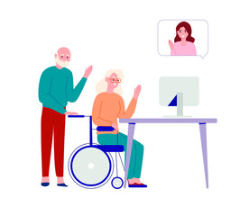 Active old people. Grandfather and grandmother in a wheelchair talking to their granddaughter via a video call. Online call,video conference. Disabled grandmother. Vector flat illustration on white