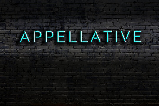 Neon sign. Word appellative against brick wall. Night view