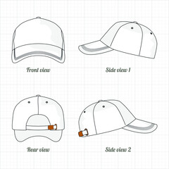 Cap template set, front, side, back view. White cap. Vector illustration.