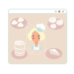 Food blogging. Recipes. Home cooking online.Woman chef teaches cooking torus, cookies, sweets.  Modern flat cartoon style. Online education, distance learning, webinars. Vector illustration