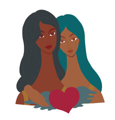 Two young girls hugging (Armenian girl and Indian girl). In the foreground inspiring love. Valentine's day card. Wind flat illustration for print and web design.
