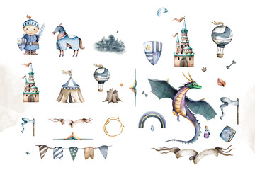 Fairytale brave cute little knight and the castle, dragon. Hand drawn watercolor cartoon set for kid greeting card - 419502952