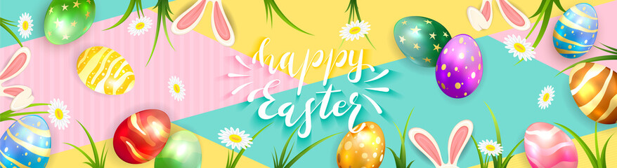 Easter Eggs with Rabbit Ears on Colored Banner