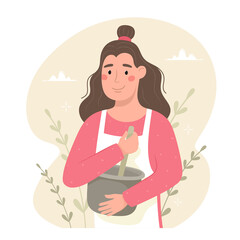 Happy woman in apron knocks baking ingredients in a bowl.  Hand drawn vector illustration. Cozy mood, homemade baked goods