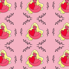 pattern for valentine's day. Body positive patternю. naked blonde girl hugs a heart in a frame of branches of flowers. Pink background. vector flat illustration