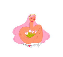 A young girl with pink hair hugs herself by the shoulders and holds flowers White tulips. Text love yourself. Body positive, self-love, valentine's day. Postcard on white background. 