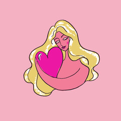 Nude blonde girl hugs heart. Valentine's Day. body positive. wind flat illustration
