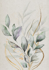 Pale leaves with golden ornaments - botanical design banner. Floral pastel watercolor border frame.