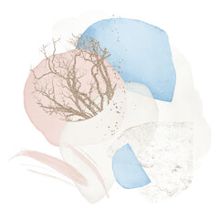 Arrangement. Blush, pink, navy, blue, beige watercolor Illustration and gold shapes on white background. Abstract modern print set. Logo. Wall art. Poster. Business card. Pastel. Printable.