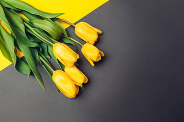 Spring yellow flowers. Bouquet of tulips on grey background. Present, gift for Mother's day. Space