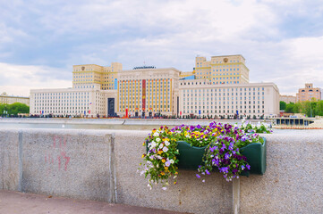 Flower pots on embankment of Moskwa river, Moscow